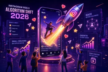 Обновление алгоритма Instagram Reels 2026 с ростом охватов, ракетой, графиками и возможностями для малых авторов