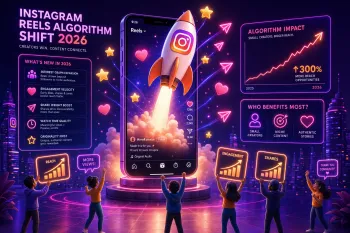 Instagram Reels algorithm shift 2026 with rocket launch, growth charts, engagement metrics and opportunities for small creators