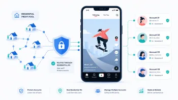 Схема защиты TikTok аккаунтов через резидентские прокси и безопасное управление мультиаккаунтами.