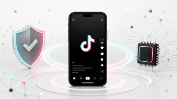 Minimalist illustration of TikTok, a mobile device, a security token, a digital signature, and hardware verification.