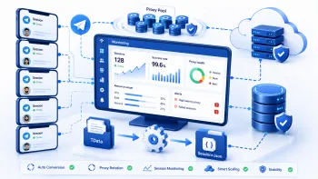 Telegram session monitoring dashboard with proxy pool, TData to Session+Json conversion and stability control