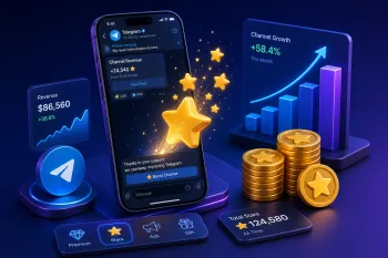 Смартфон с Telegram, звездами, монетами и графиком роста канала для темы монетизации