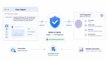 User-Agent and TLS fingerprint verification for protecting VK automation from spoofing.