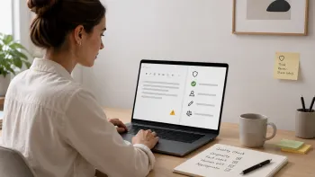 Woman reviewing AI-generated text on a laptop and checking content quality before publishing on social media.