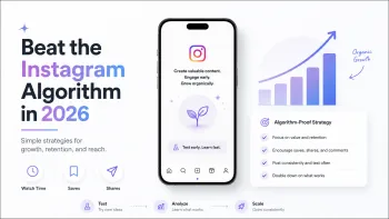 Minimalist illustration about how the Instagram algorithm works in 2026, with a phone, growth chart, and Reels engagement metrics