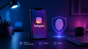 Smartphone with Instagram and neon shield with device fingerprint in a dark workspace.