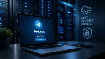 Ноутбук с интерфейсом Telegram Webhook на фоне серверной инфраструктуры и защищённого облачного подключения.
