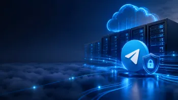 Server racks, cloud infrastructure and a Telegram icon with blue light trails symbolizing fast webhook delivery.
