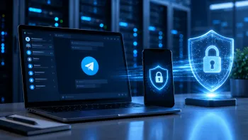 Laptop and smartphone with Telegram against servers and a digital security shield.